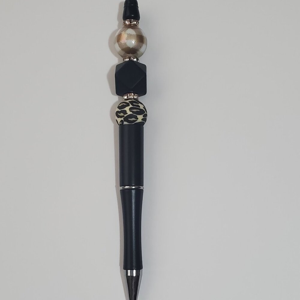 Handmade Leopard & Plaid Beaded Pen – Glam Black Ink Pen with Extra Refill